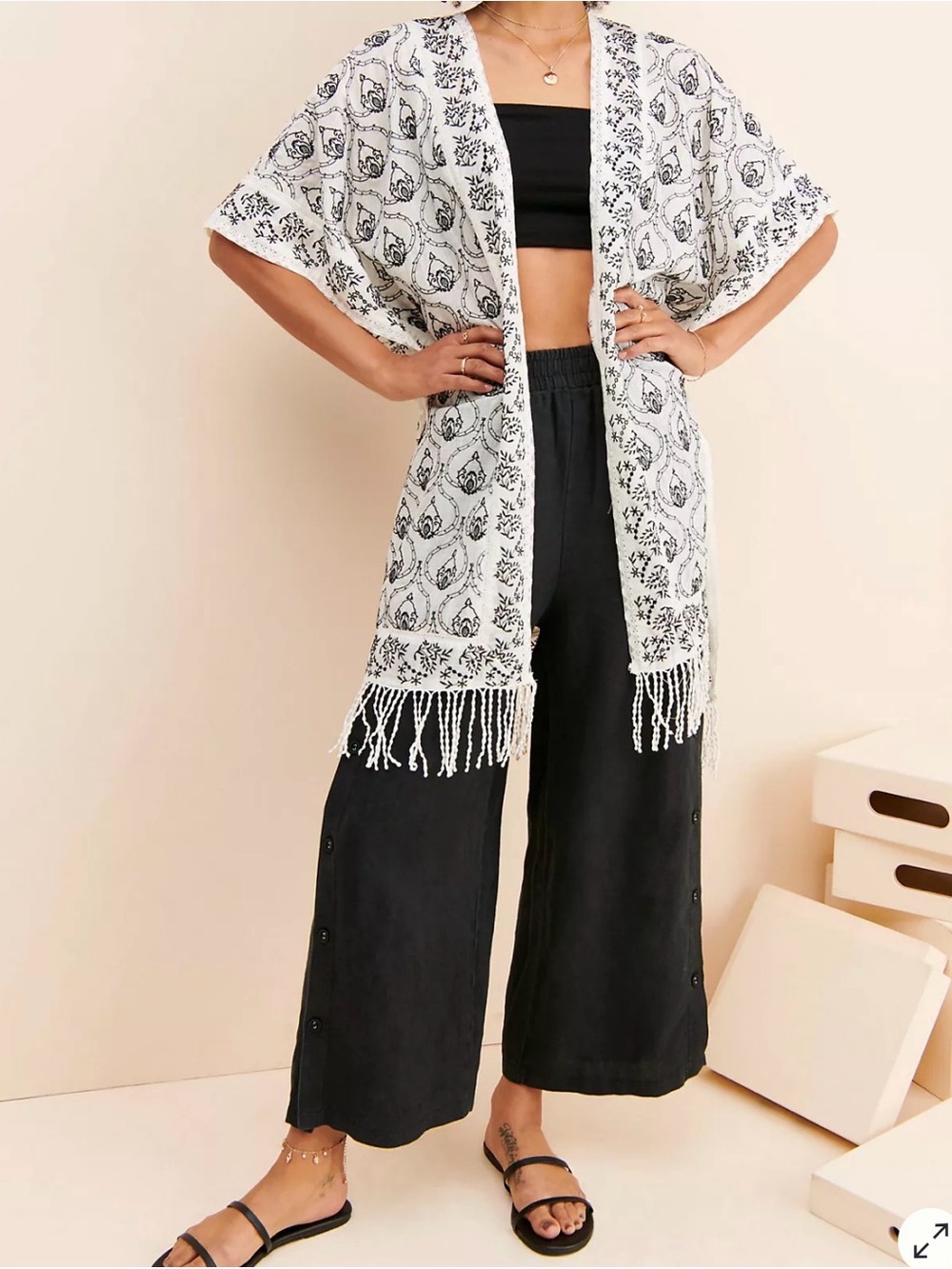 Anthropologie Print Fringe Duster Shacket XS/S Boho Layer